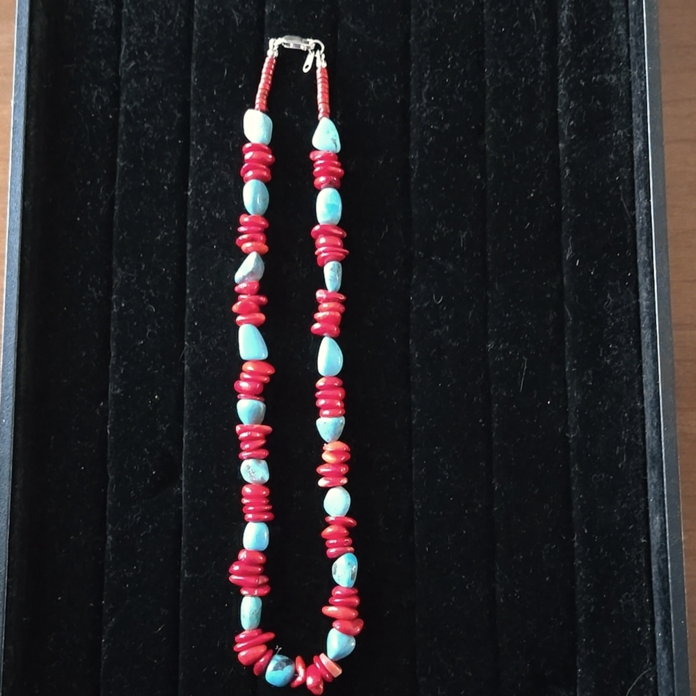 Red Coral, Turquoise Nuggets And Sterling Silver Findings.